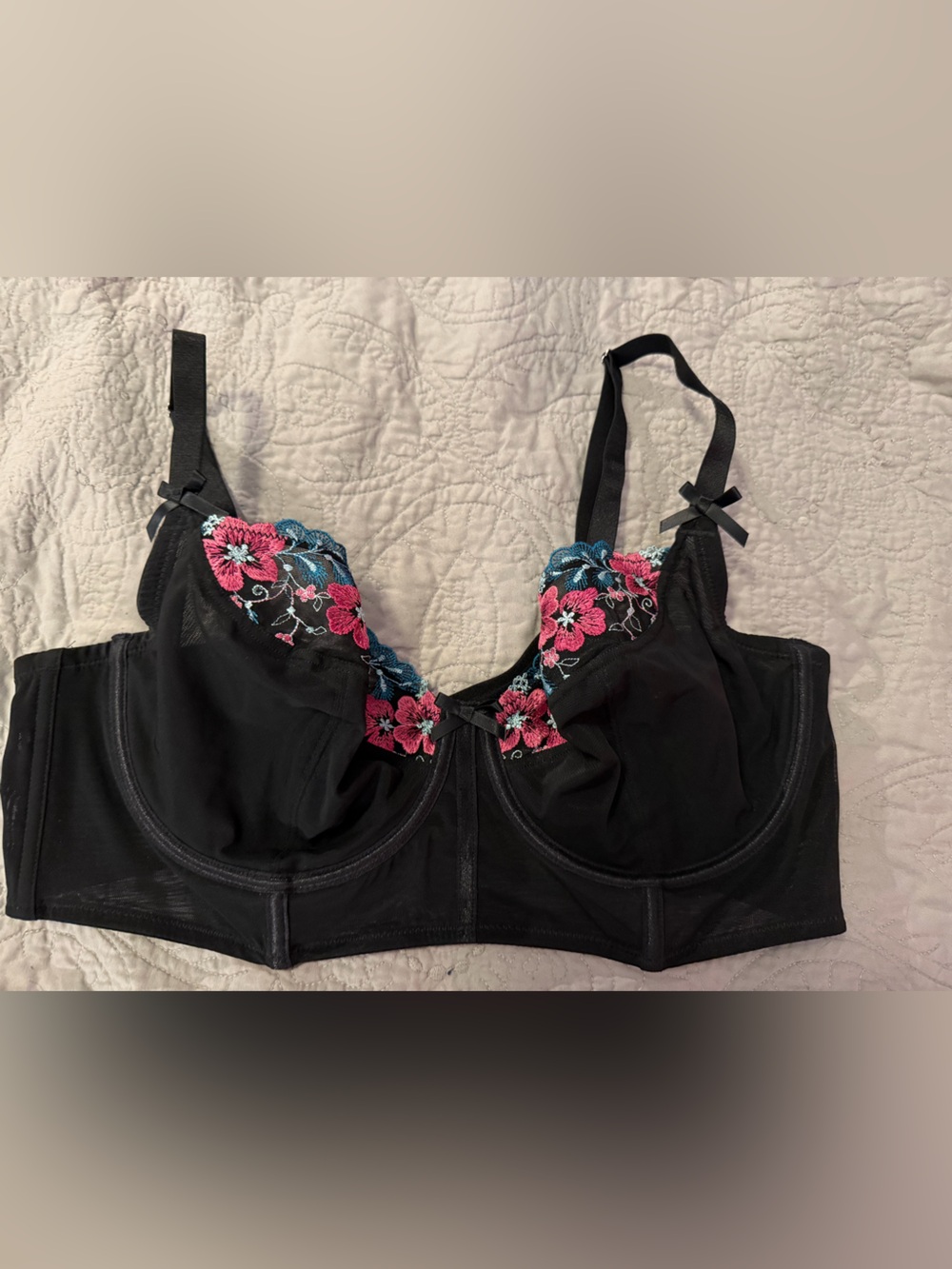 Black Adore Me Underwire Bra with Pink & Teal Floral Embroidery